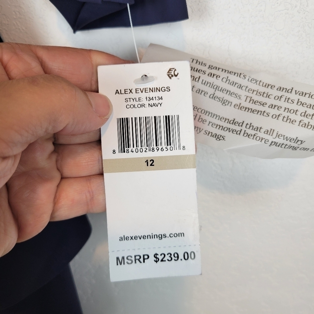 NWT Alex Evenings Surplice Sheath Dress Beaded Hip & Cascade Ruffle Dress Navy - Picture 12 of 14